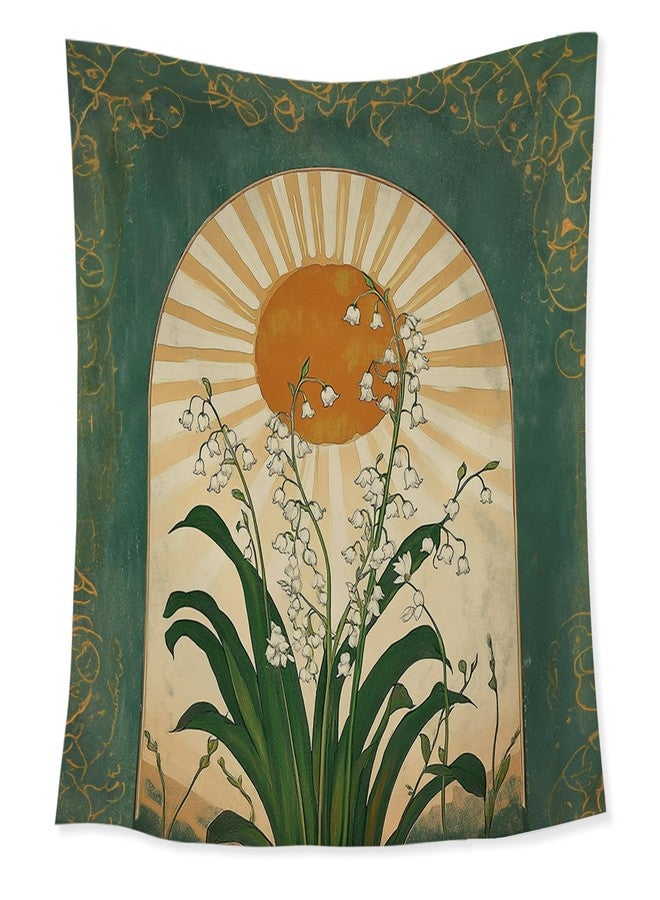 HUGANE Emerald Green Lily of the Valley Boho Sun Tapestry, Mystical Folk Botanical Wall Tapestries, Vintage Boho Sunshine Flower Hanging Wall Decor for Bedroom Living Room Home Office - Image 1